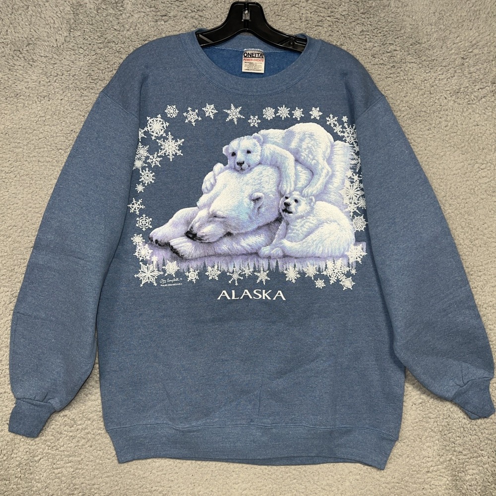 VTG Oneita Alaska Sweater Men Sz L Blue Polar Bear Snow Flake Joy Campbell 90s
